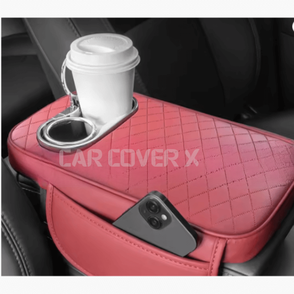 Universal Car Center Console Armrest Cushion with Cup Holder - Red
